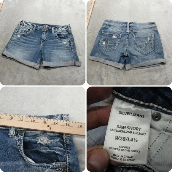 Silver Jeans Sam Denim Shorts Womens 28‎ Medium Wash Distressed Cuffed 30x4.5 - Picture 1 of 12